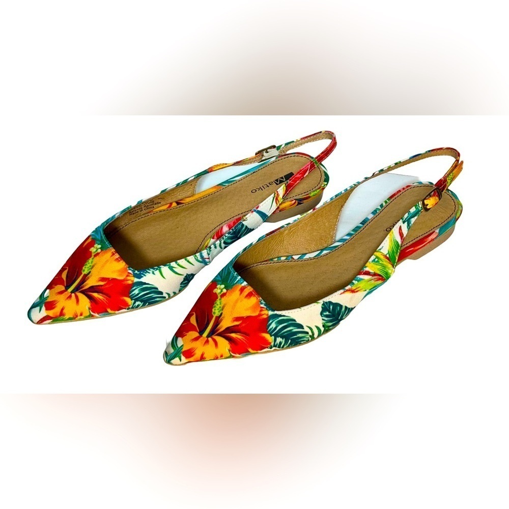 NWB Matiko Lori Sling-Back Shoes in Hawaiian Print, Pointed Toes, 6.5 US (37 EU)